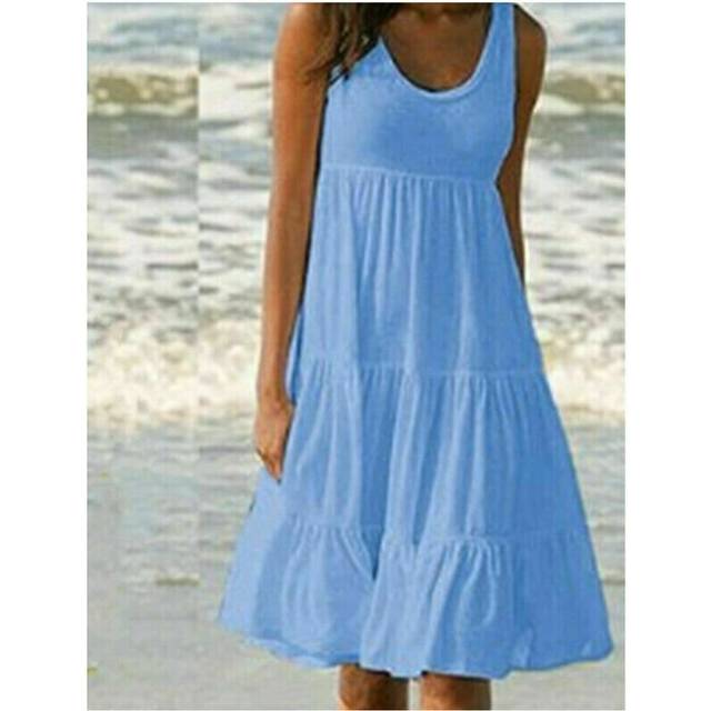 (Light Blue, 4XL) Plus Size Women Sleeveless Solid Vest Dress Ladies Summer Beach Frill Midi Dress UK