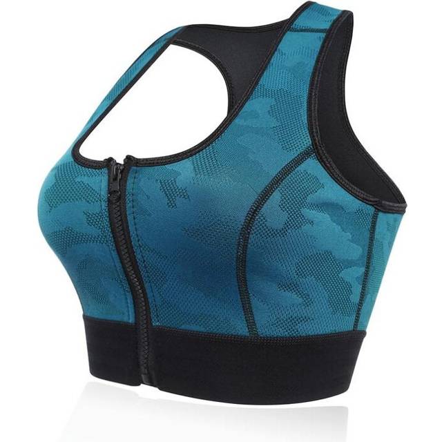 (Navy, 8) Front Zipper Racer Back Sports Bra