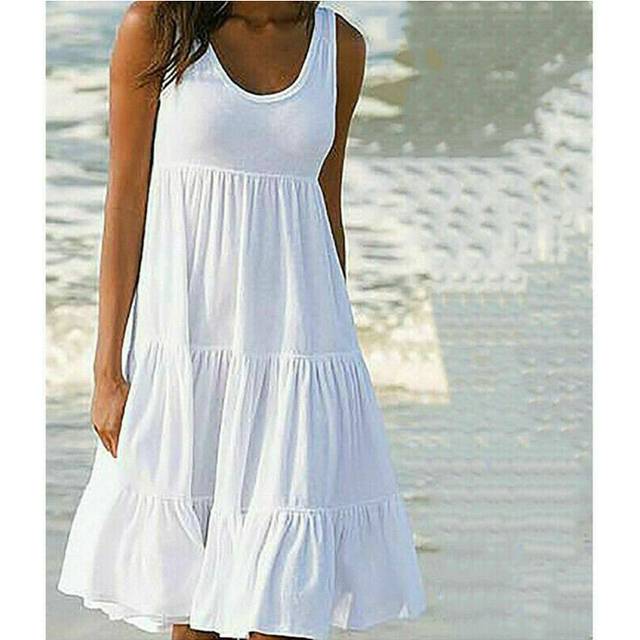 (White, 2XL) Plus Size Women Sleeveless Solid Vest Dress Ladies Summer Beach Frill Midi Dress UK