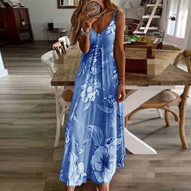 (Blue, 4XL) UK Womens Summer V Neck Long Maxi Dress Boho Beach Holiday Sundress Size 6-22