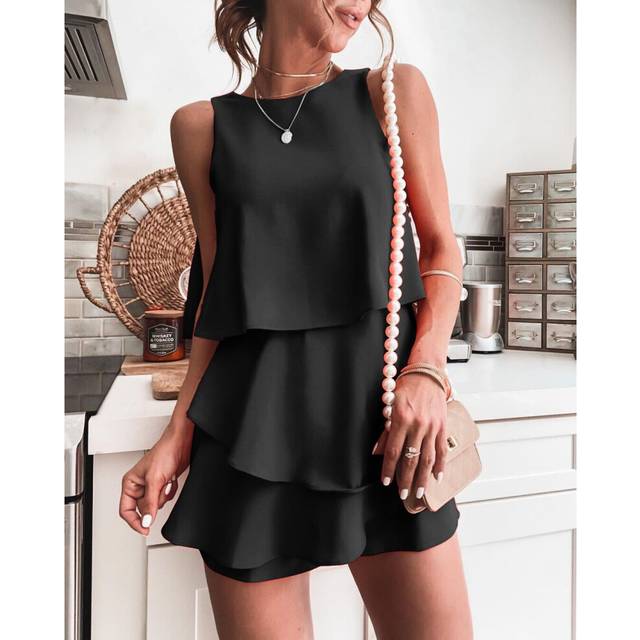 (Black, XL) Women's Solid Irregual Layered Casual Sleeveless Jumpsuit Short Playsuit Romper