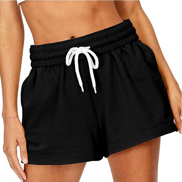 (Black, M) Women Elastic Waist Shorts Trunks Summer Beach Sport Casual Drawstring Hot Pants