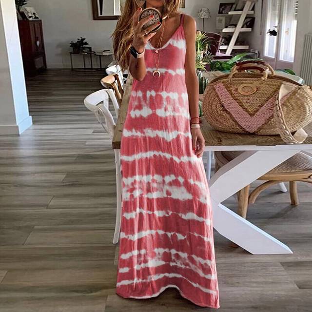 (Claret, 4XL) Women Summer V-Neck Print Cami Dress Ladies Holiday Beach Maxi Dress Plus Size