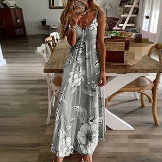 (Grey, M) UK Womens Summer V Neck Long Maxi Dress Boho Beach Holiday Sundress Size 6-22