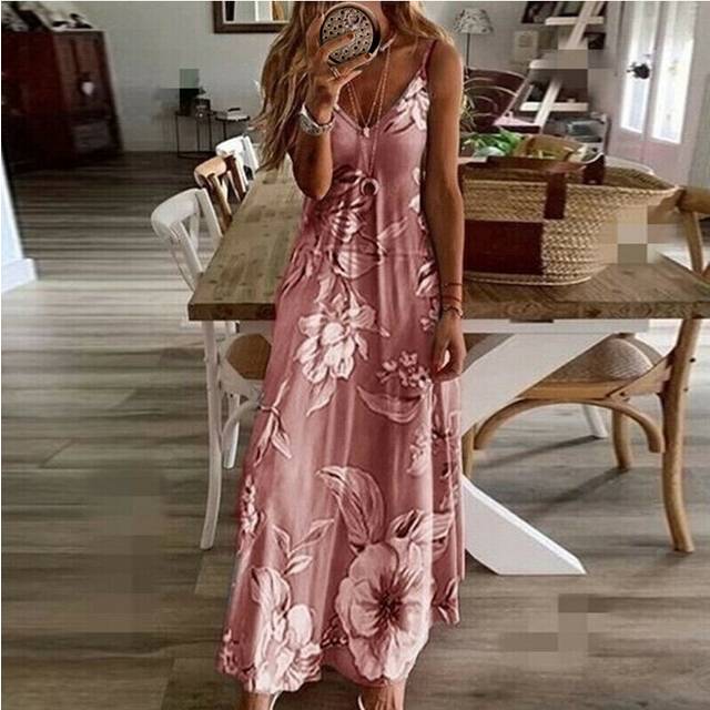 (Pink, 2XL) UK Womens Summer V Neck Long Maxi Dress Boho Beach Holiday Sundress Size 6-22