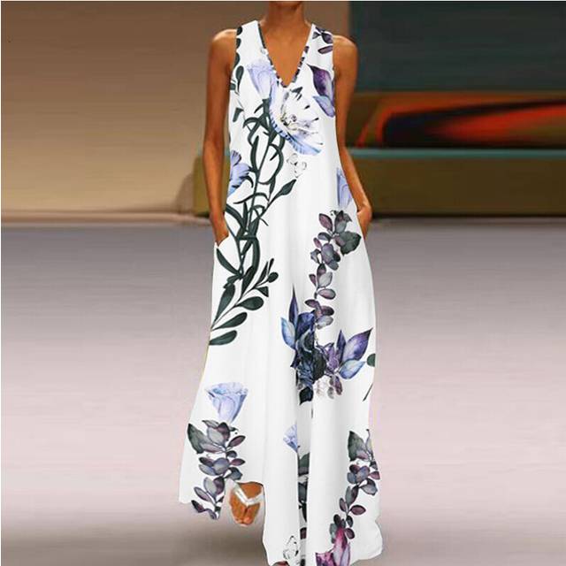 (White, XL) *Tight Inventory* Women V-Neck Boho Dress Ladies Summer Floral Beach Party Long Sundress Size 8-22