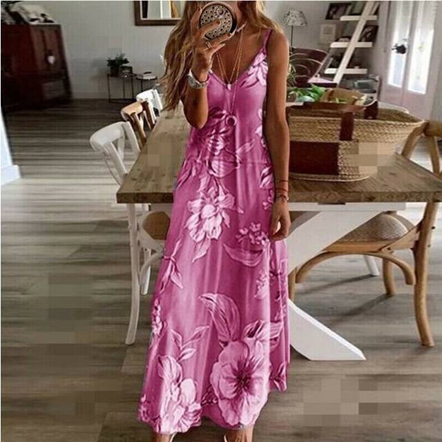 (Rose Red, M) UK Womens Summer V Neck Long Maxi Dress Boho Beach Holiday Sundress Size 6-22
