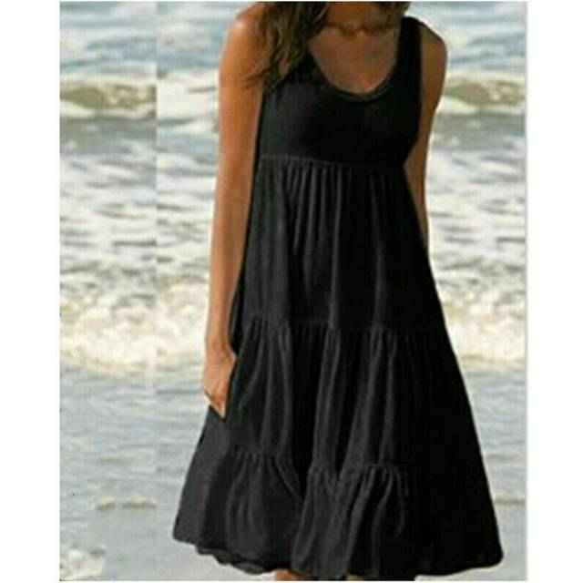 (Black, XL) Plus Size Women Sleeveless Solid Vest Dress Ladies Summer Beach Frill Midi Dress UK