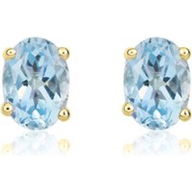 9ct Yellow Gold Aquamarine 7x5mm Oval Claw Set Stud Earrings - Gold