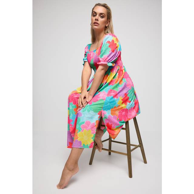 Yours Curve Pink & Blue Floral Print Shirred Midaxi Dress, Women's Curve & Plus Size, Yours - 26-28
