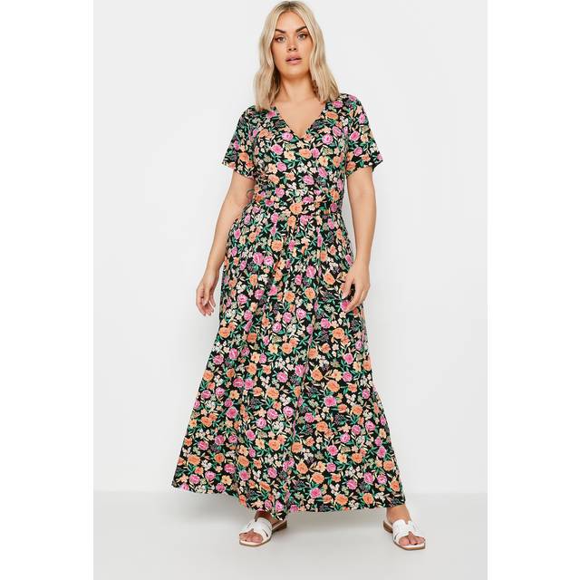 Yours Curve Pink & Orange Floral Print Wrap Maxi Dress, Women's Curve & Plus Size, Yours - Black - 18