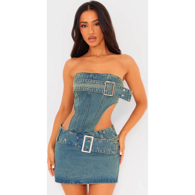 Petite Indigo Blue Wash Denim Buckle Detail Cut Out Mini Dress, Indigo Blue Wash - 14