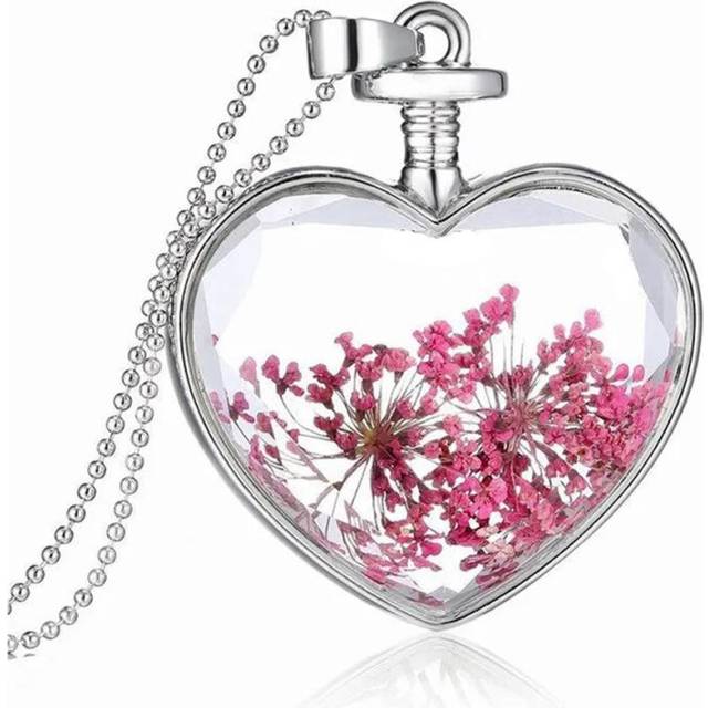 (Hot pink) Love Heart REAL Flower Colour Pendant Silver Necklace