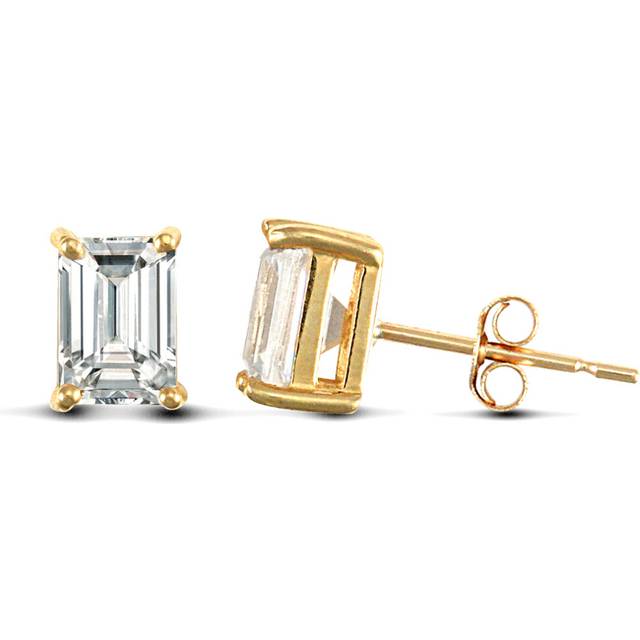 Jewelco London Solid 9ct Yellow Gold White Emerald Cut Cubic Zirconia 4 Claw Solitaire Heavy Weight Stud Earrings, 7x5mm - JES129
