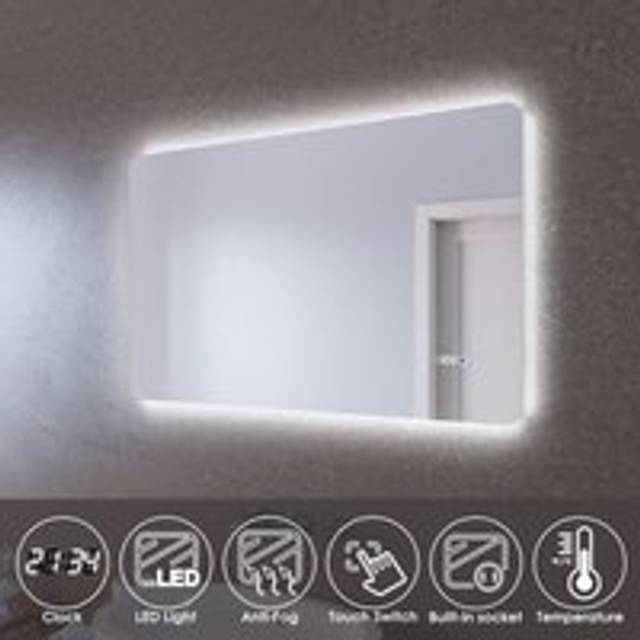 Clock Temperature Display Mirror Illuminated Bathroom Mirror 1000x600mm Mirror with Dual Sensor and Shaver Socket - Elegant