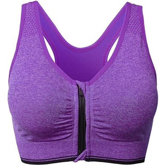 (Purple, S) Wire Free Shakeproof  Front Zipper Sports Bra