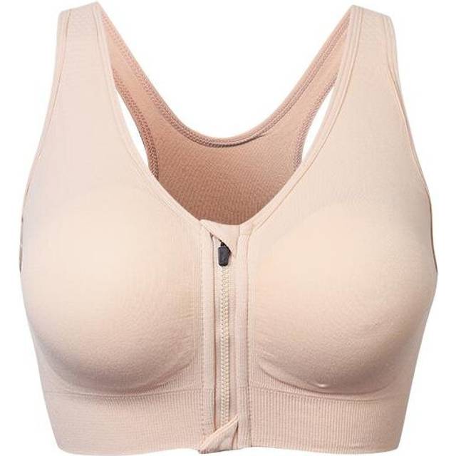 (khaki, S) Wire Free Shakeproof  Front Zipper Sports Bra
