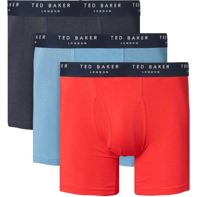 (S, Navy/Aegean Blue/Lychee) Ted Baker Mens 3-Pack Flexible Breathable Contour Pouch Cotton Boxer Briefs