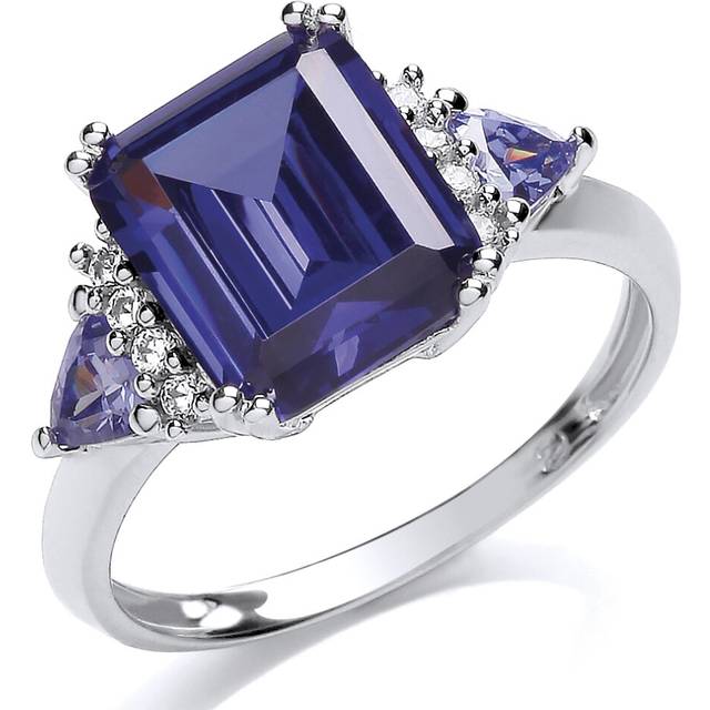 (N) Jewelco London Ladies Rhodium Sterling Silver Purple Round Triangle and Emerald Cut CZ Cluster Cocktail Engagement Ring