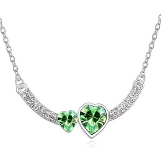 Double Heart Love Green Crystal Pendant Necklace Stones Jewellery