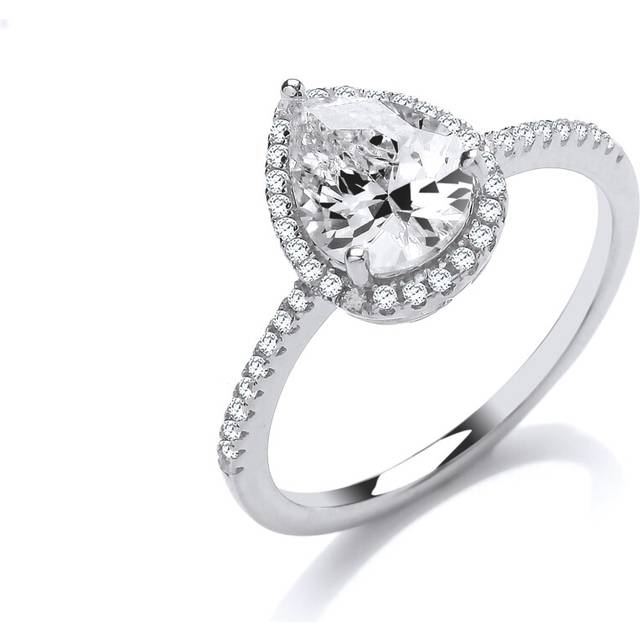 (N) Jewelco London Ladies Rhodium Plated Sterling Silver Pear Cubic Zirconia Shoulder-set Tear Drop Engagement Ring