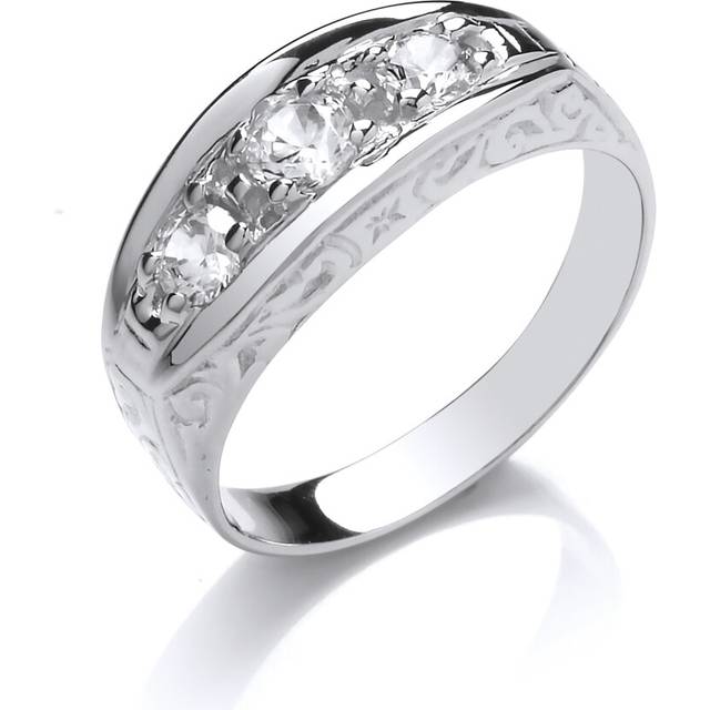 (X) Jewelco London Mens Rhodium Plated Sterling Silver Cubic Zirconia Carved Gypsy Trilogy Signet Ring