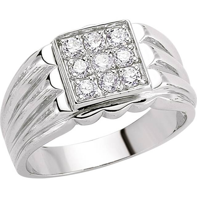 (S) Jewelco London Mens Rhodium Plated Sterling Silver Cubic Zirconia 9 Stone Cluster Signet Ring - GVR003