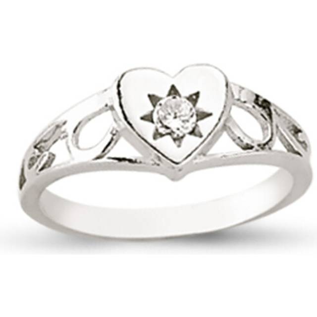 (G) Jewelco London Girls Rhodium Plated Sterling Silver Cubic Zirconia Solitaire Love Heart Signet Ring