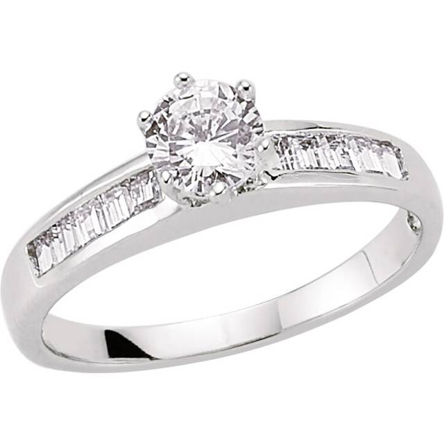 (N) Jewelco London Ladies Rhodium Sterling Silver Baguette Cubic Zirconia Shoulder-Set 6 Claw Solitaire Engagement Ring