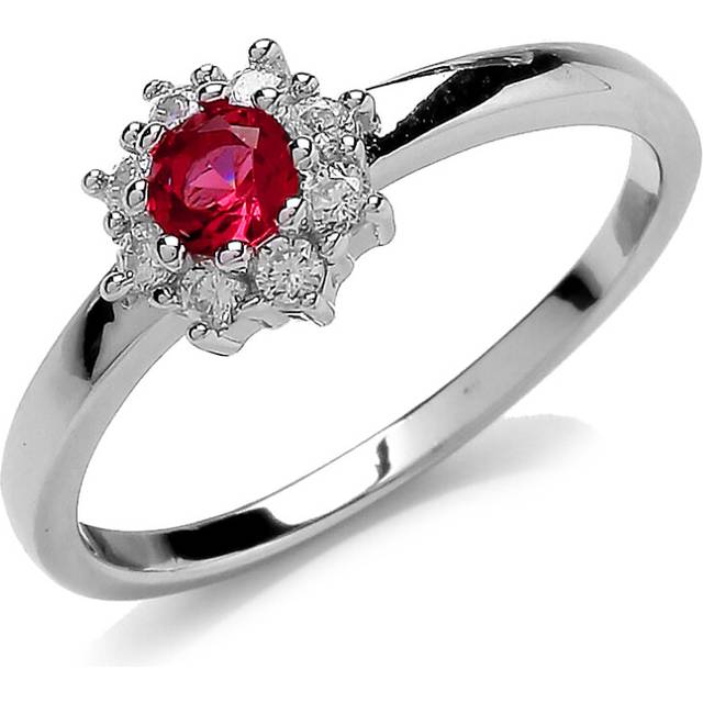 (L) Jewelco London Ladies Rhodium Plated Sterling Silver Red Cubic Zirconia Cluster Engagement Ring