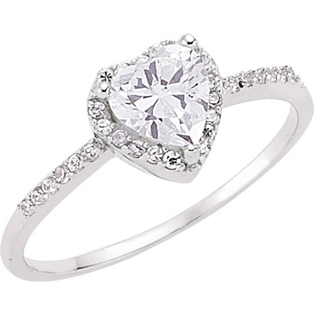 (L) Jewelco London Ladies Rhodium Plated Sterling Silver Heart Cubic Zirconia Halo Engagement Ring