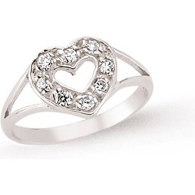 (H) Jewelco London Girls Rhodium Plated Sterling Silver Cubic Zirconia Split Shoulder Love Heart Dress Ring