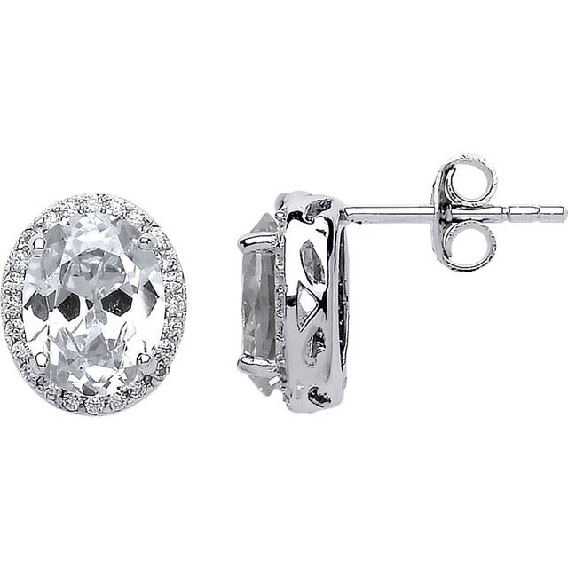 Jewelco London Ladies Sterling Silver oval Cubic zirconia Oval Halo Cluster Stud Earrings - GVE545
