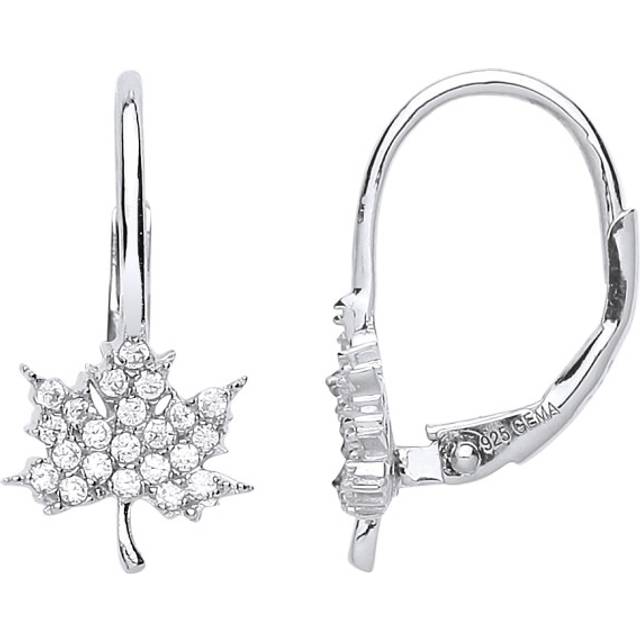 Jewelco London Ladies Sterling Silver Cubic Zirconia Canada Maple Leaf Drop Earrings - GVE709