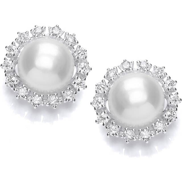 Jewelco London Ladies Sterling Silver Cubic Zirconia & Freshwater Cultured Pearl Sunflower Cluster Stud Earrings 9mm - GVE916
