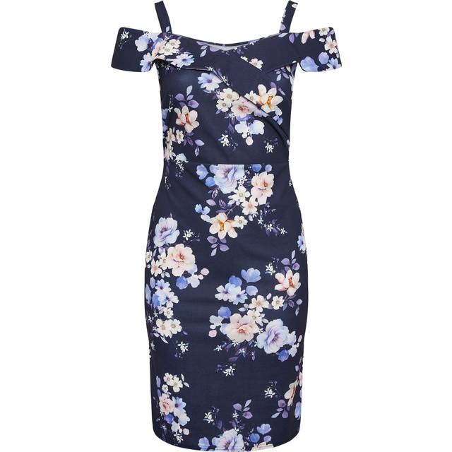 Yours London Curve Navy Blue Floral Print Bardot Dress, Women's Curve & Plus Size, Yours London - 20