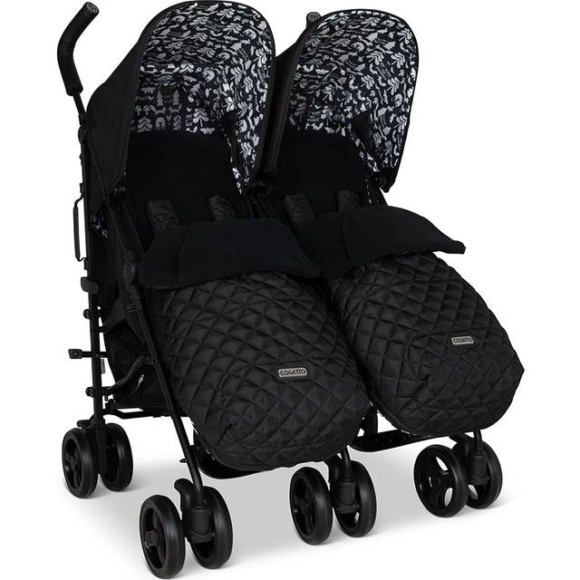 Cosatto Supa Dupa dubbelbarnvagn – barnvagn från födseln 0–25 kg, lätt, kompakt vikning, med fotmuffar, mugghållare och regnskydd (svart silhuett)