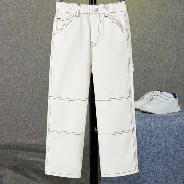 Ung pojke Casual Loose Fit Jeans med raka ben med färgblockerad kant och elastiskt midjeband - Aprikos (6Y,7Y,4Y,5Y)