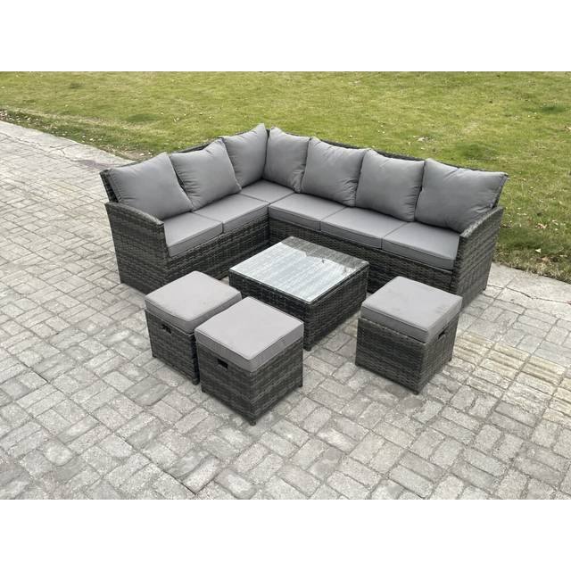 Fimous 9 Seater Outdoor Garden Furniture Set Wicker PE Rattan Corner Sofa Set with Square Coffee Table 3 Footstools Dark Grey Mixed