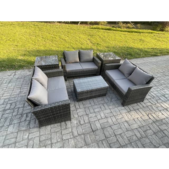 Fimous Dark Grey 6 Seater Outdoor Rattan Garden Furniture Set Patio Love Sofa Rectangular Coffee Table Set with 2 Side Tables