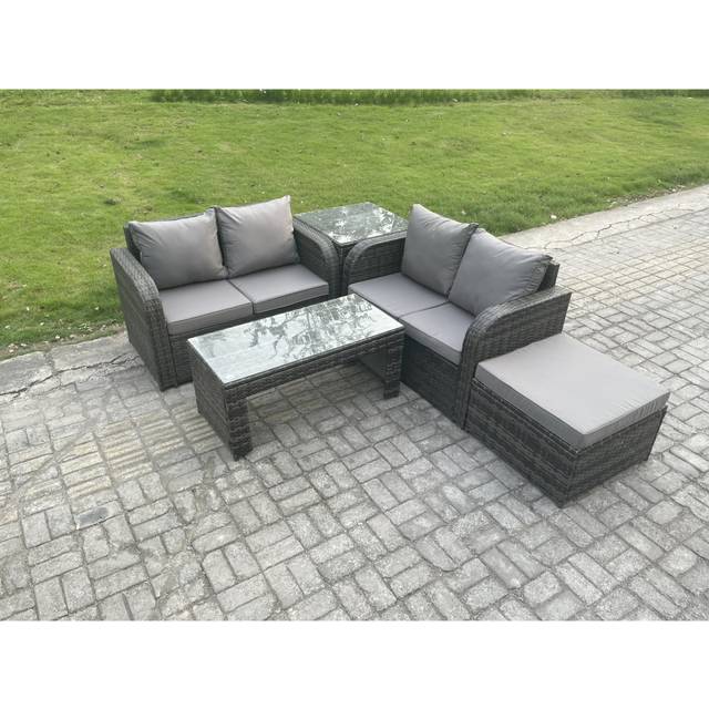 Fimous 4 Seater Outdoor Rattan Sofa Set Garden Furniture Gas Firepit Dining Table Heater with Side Table Dark Grey Mixed