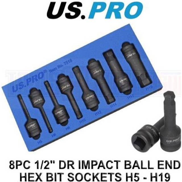 "US PRO Tools 8pc 1/2"" DR Impact Ball End Hex Allen Bit Sockets H5 - H19 7518"