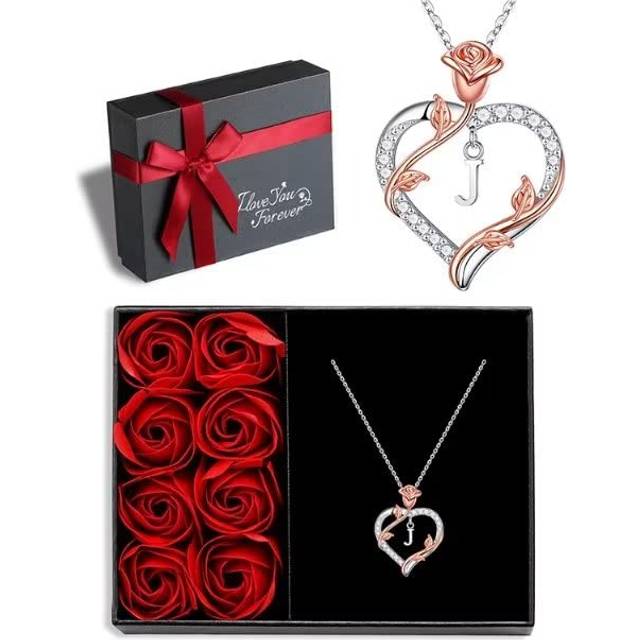 Iefil I Love You Gifts for Her with Rose Box  925 Sterling Silver Rose Heart Initial J Letter Pendant Necklace Jewelry for Women Anniversary Valentine
