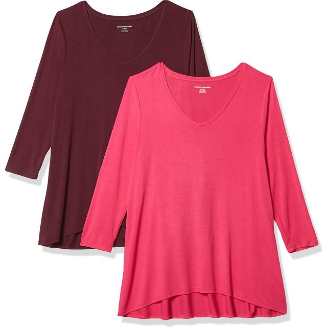 Women's 3/4 Sleeve V-Neck Swing T-Shirt (Available in Plus Size), Pack of 2, Bright Pink/Burgundy, Large