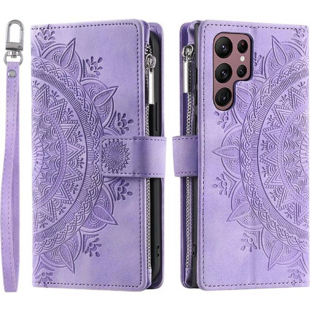 (Purple) Case For Samsung Galaxy S22 Ultra 5G With Red Vertical Stripes Carbon Fibre PU Spliced With Fine Grain PU Aluminium Metal Logo Microfibre Lin
