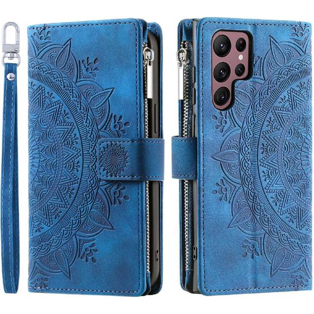 (Blue) Case For Samsung Galaxy S22 Ultra 5G With Red Vertical Stripes Carbon Fibre PU Spliced With Fine Grain PU Aluminium Metal Logo Microfibre Linin