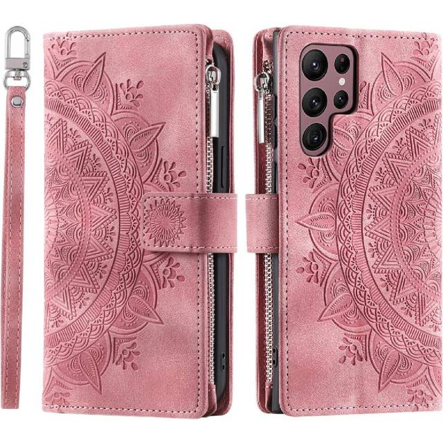(Pink) Case For Samsung Galaxy S23 Ultra 5G Microfibre Lining Inside With Red Vertical Stripes High Quality Clipless 2-in-1 Bottom Shell Aluminium Met