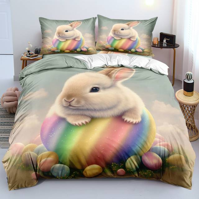 (Style 02, Single(135X200CM/2PCS)) Easter Bunny Bedding Single Double Duvet Cover UK