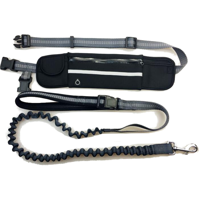 (Black) Shock Absorbing Bungee Hands Free Dog Running Leash With Waist Pocket