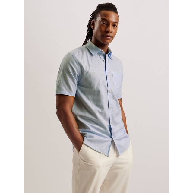 Ted Baker Mens Blue Palomas Regular-fit Short-sleeve Linen and Cotton-blend Shirt 38